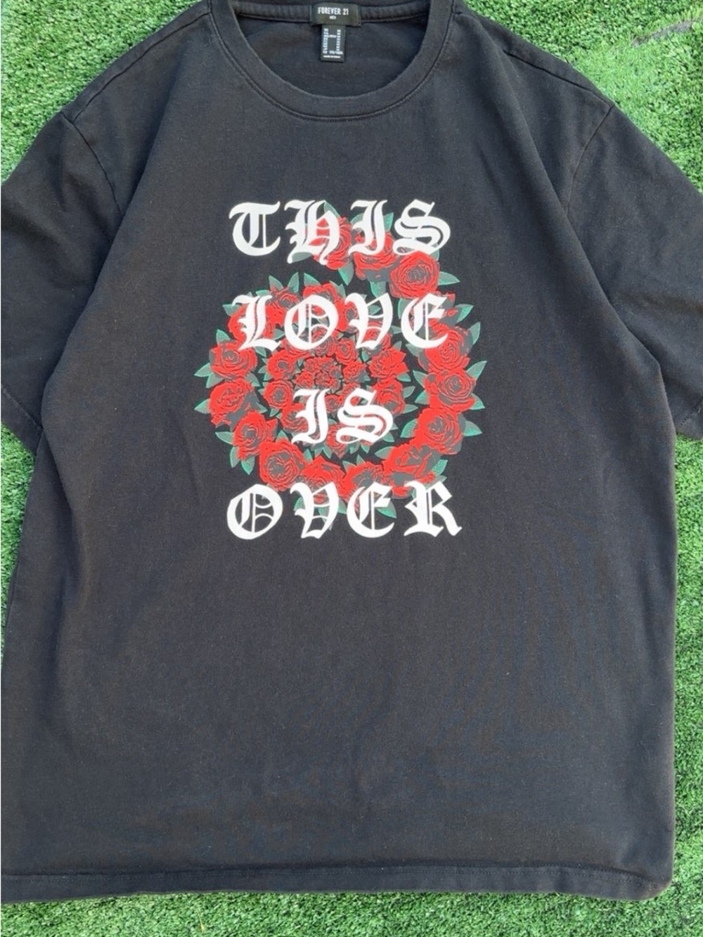 Forever 21 Black Graphic Tee with Red Rose Wreath & White Lettering